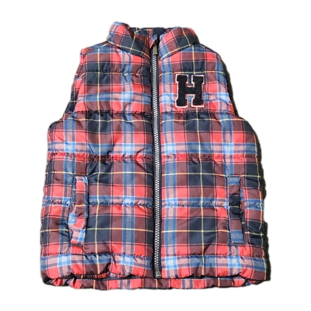 Tommy Hilfiger Vest Jacket Boys 2T Red Blue Plaid Zip Up Puffer Polyester Preppy